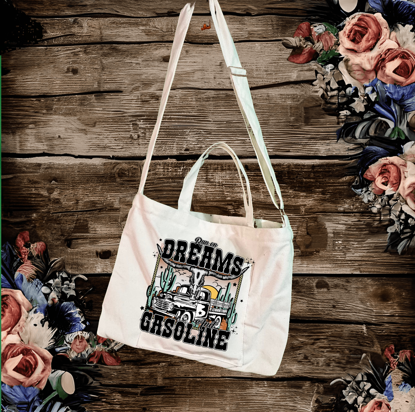 Dreams and Gasoline Adjustable Strap Zippered Recycled Tote Bag