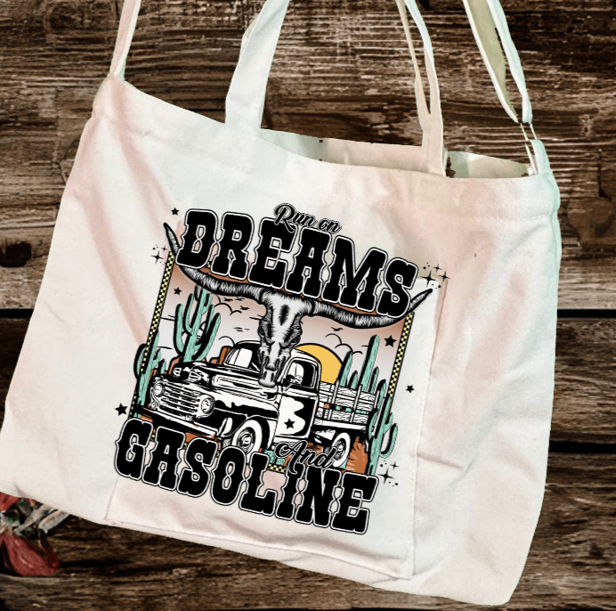 Dreams and Gasoline Adjustable Strap Zippered Recycled Tote Bag